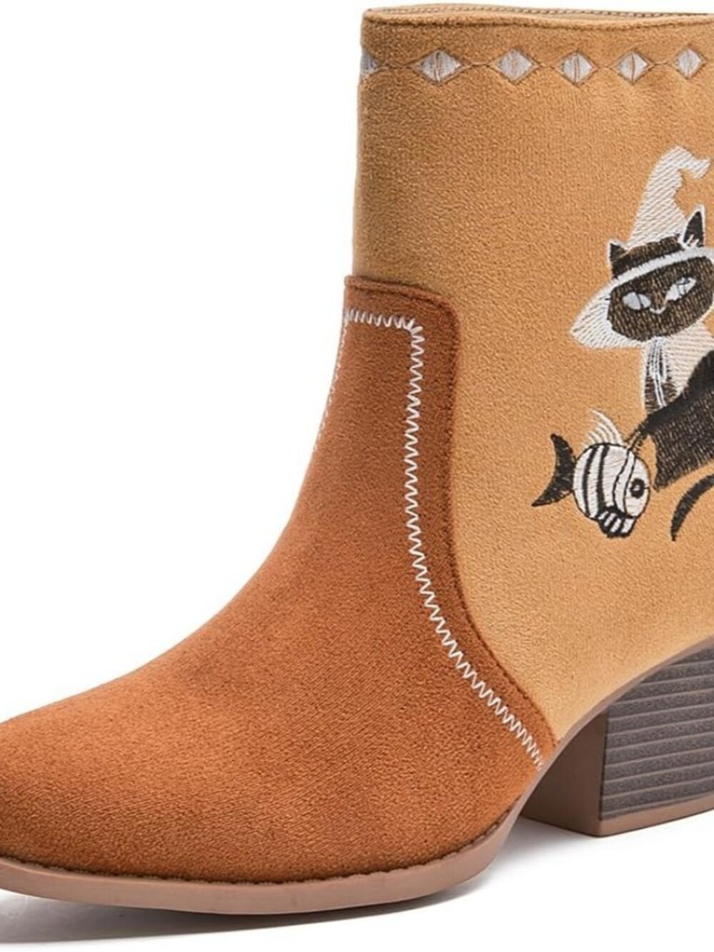Women's Brown Western Boots Cowgirl Low Chunky Heel Pointed Toe Mid